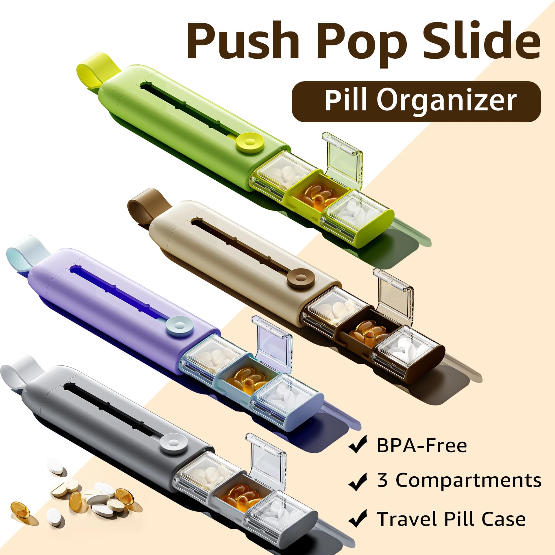 Push Pop Slide 3 compartments without BPA and for food use for vitamin supplements