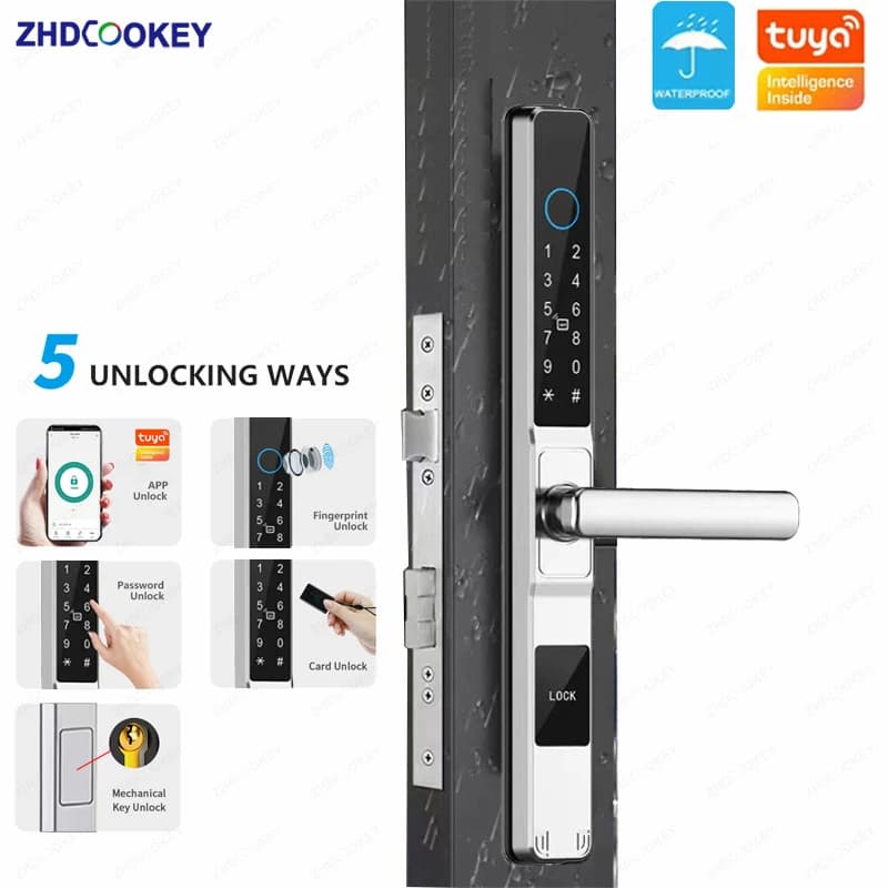 Serratura intelligente Serratura elettronica per porta scorrevole in alluminio impermeabile Tuya Impronta digitale Password biometrica Scheda NFC Controllo remoto APP