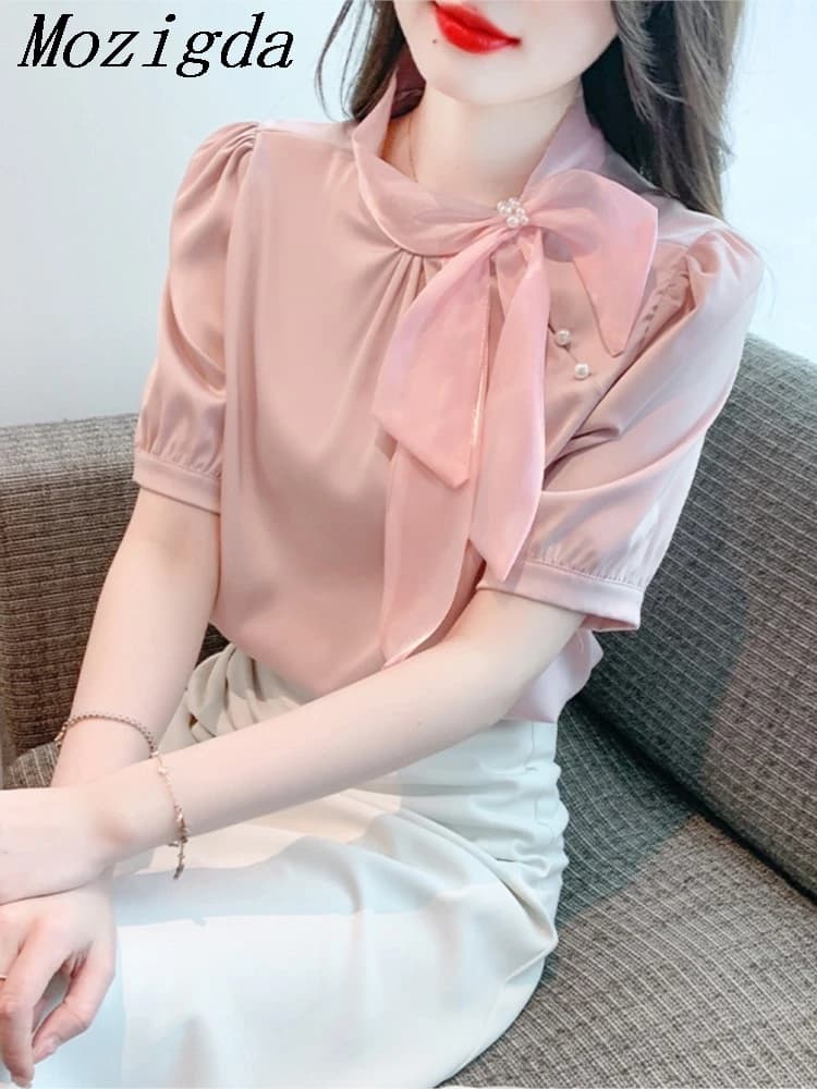 Camicetta in Chiffon di albicocca con colletto a fiocco alla Moda camicetta da donna Blusas Mujer De Moda Verano camicetta a maniche corte da donna Blusa