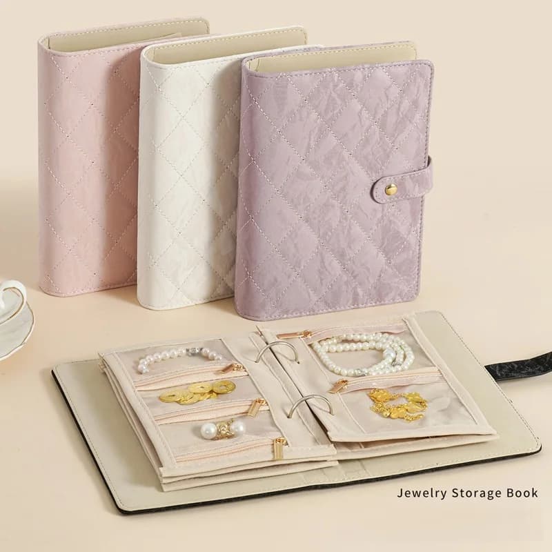 Removable Binder-style Jewelry Storage Book, Quilted PU Leather Multi Zipper Organizer with Portable Travel Jewellery Case