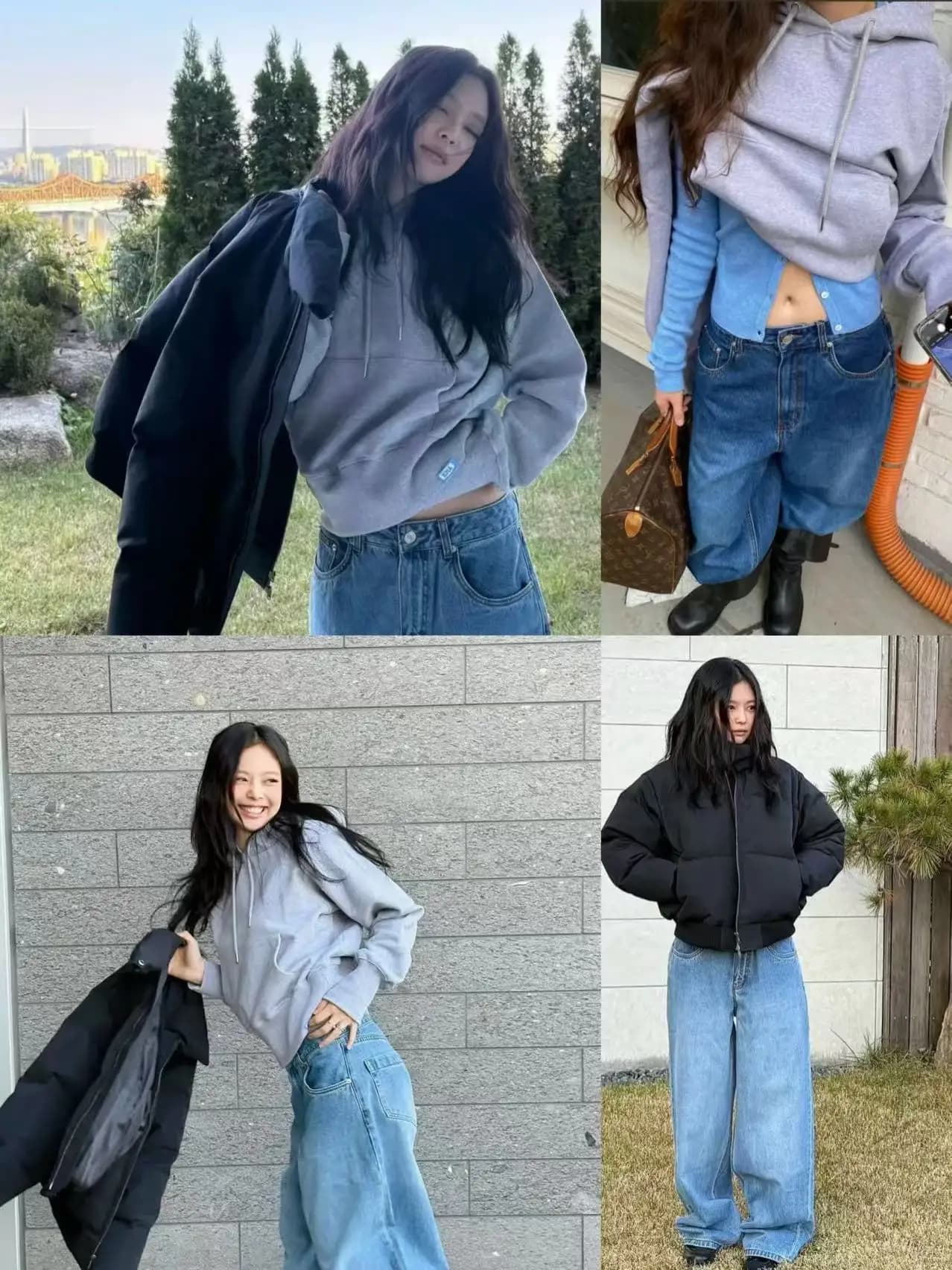 Set in denim con felpa grigia e pantaloni a gamba larga a vita alta, completo Jennie Fashion, completo da donna in cotone a maniche lunghe in due pezzi