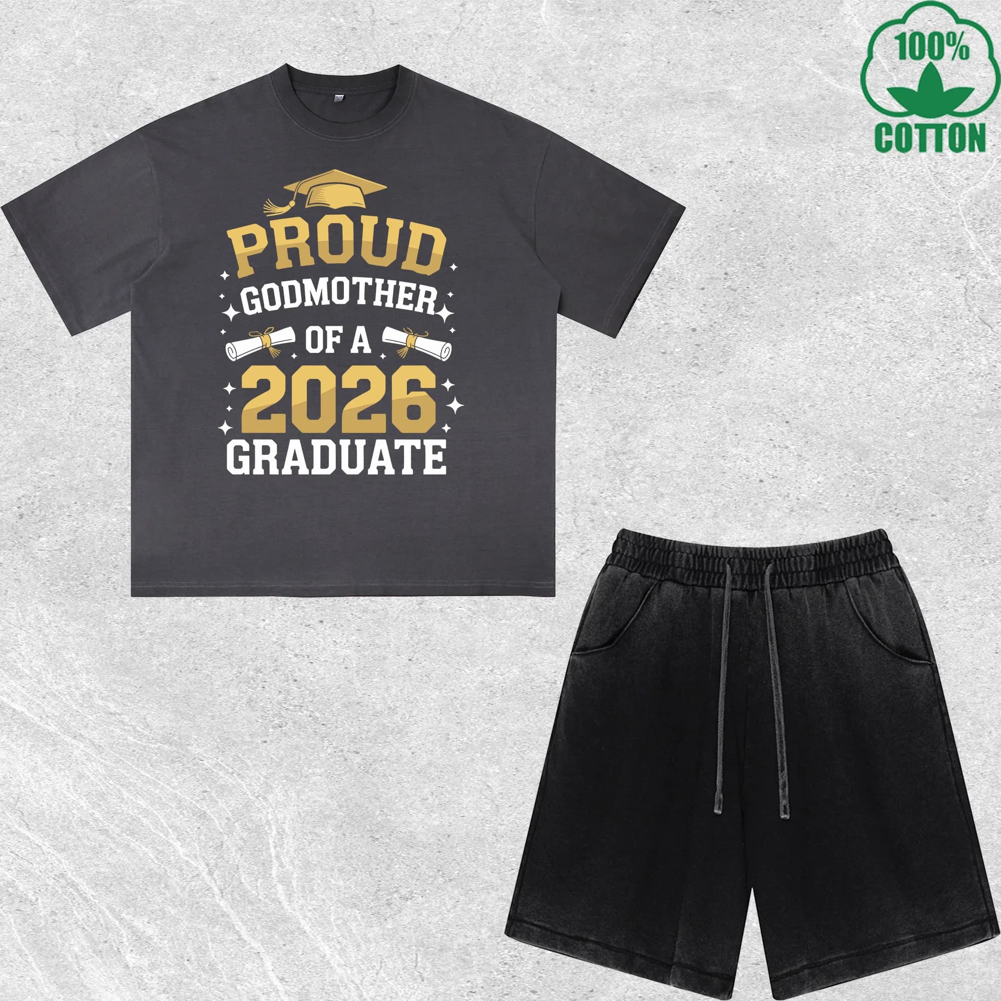 Completo T-Shirt e Pantaloncini Stampati Effetto Usurato 2026 per Laureati - Combo Multicolore Trendy e Comodo 100% Cotone