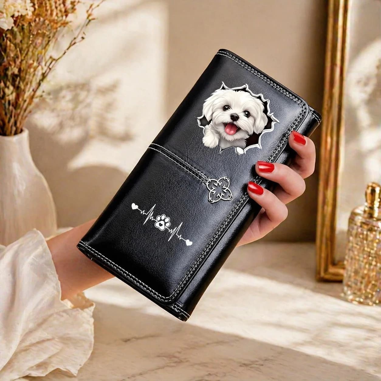Portafoglio in Pelle 3D a Forma di Cucciolo di Maltese Bianco, Lussuoso Portamonete Lungo con Tasca Zip per Carte, Borse da Donna