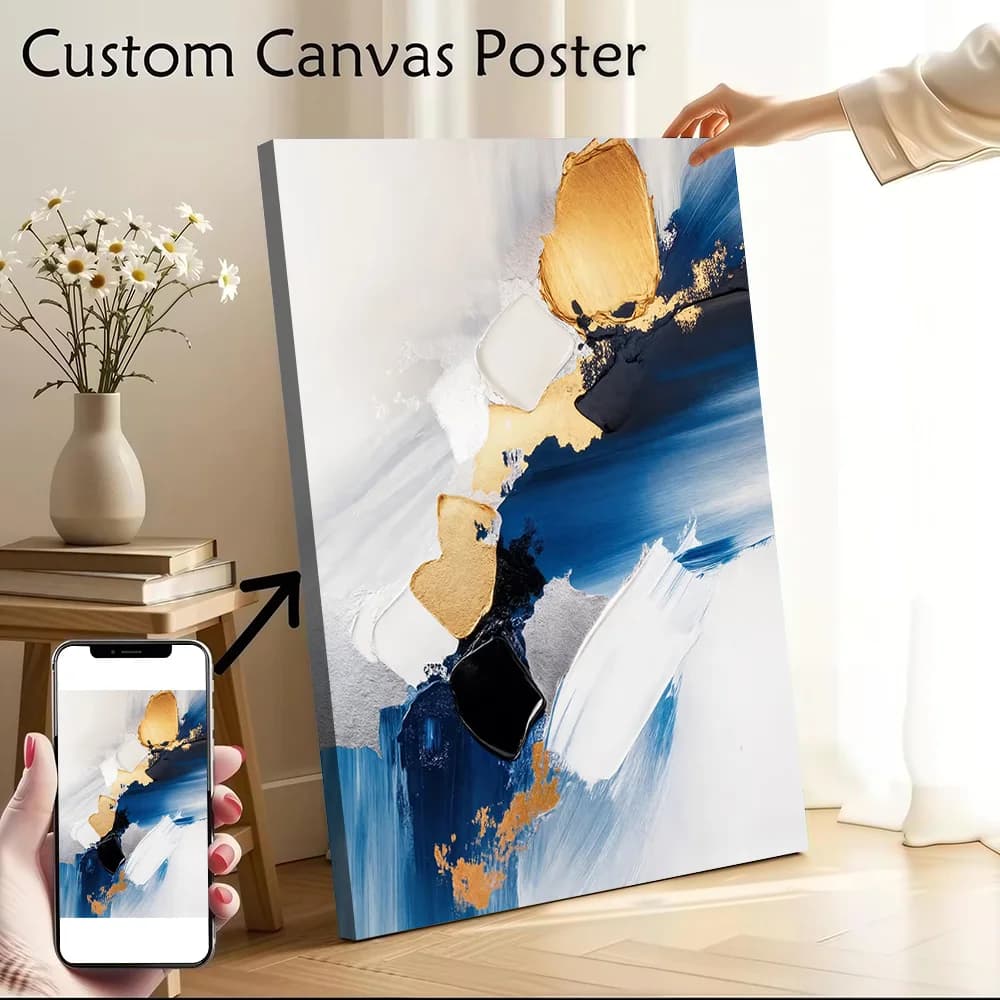 Oceanic Elegance Abstract - Blue & Gold Canvas Wall Art Poster Custom Photo Print Modern Painting for Fans Bedroom Accessories