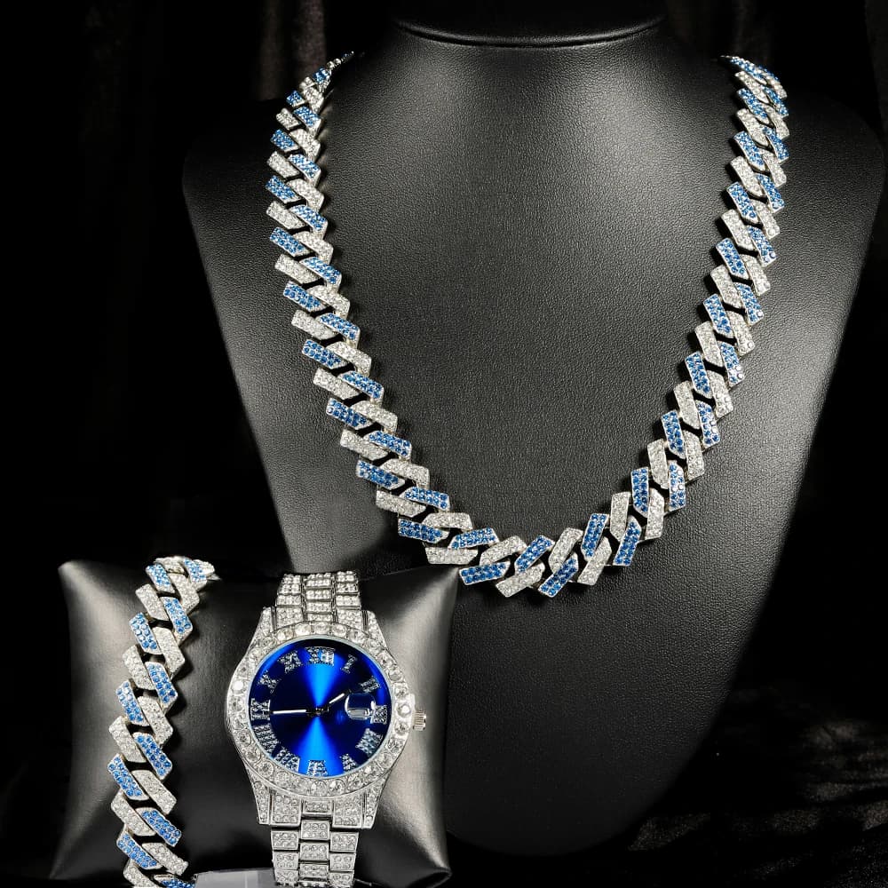 3 pezzi set di gioielli orologio hip-hop ghiacciato punk blu e argento catena cubana + braccialetto intarsio orologio con diamanti per uomo donna tendenza regalo per feste