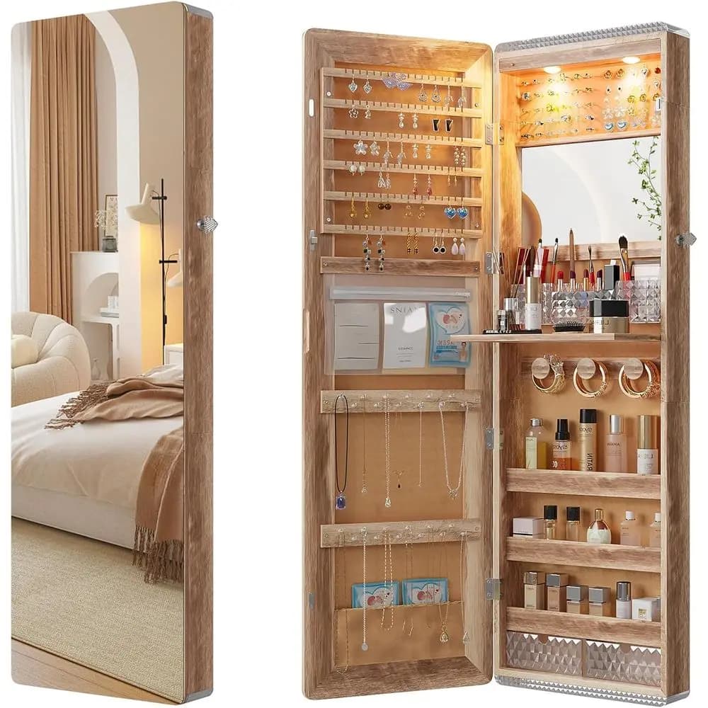 47.2 Wall-Mounted Mirrored Jewelry Organizer with LED Lights and 3 Wooden Shelves