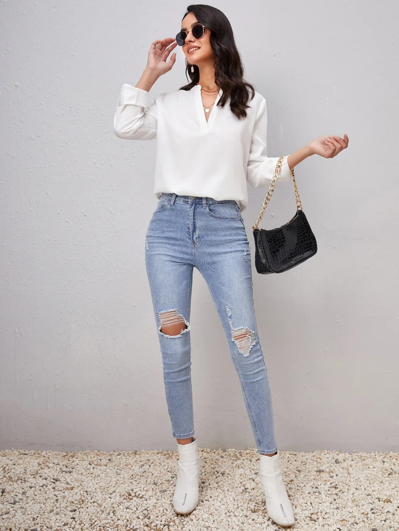 Roll Tab Sleeve Notched Neck Blouse Long Sleeve Casual Top