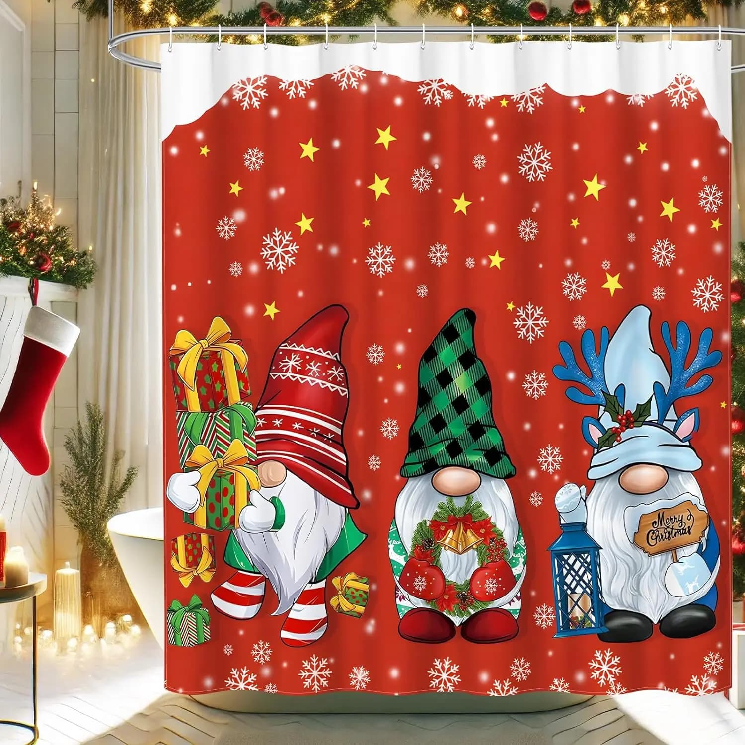 Tenda da doccia natalizia con gnomo con motivo Babbo Natale, simpatico set di decorazioni per il bagno natalizio invernale, tessuto include ganci per le vacanze