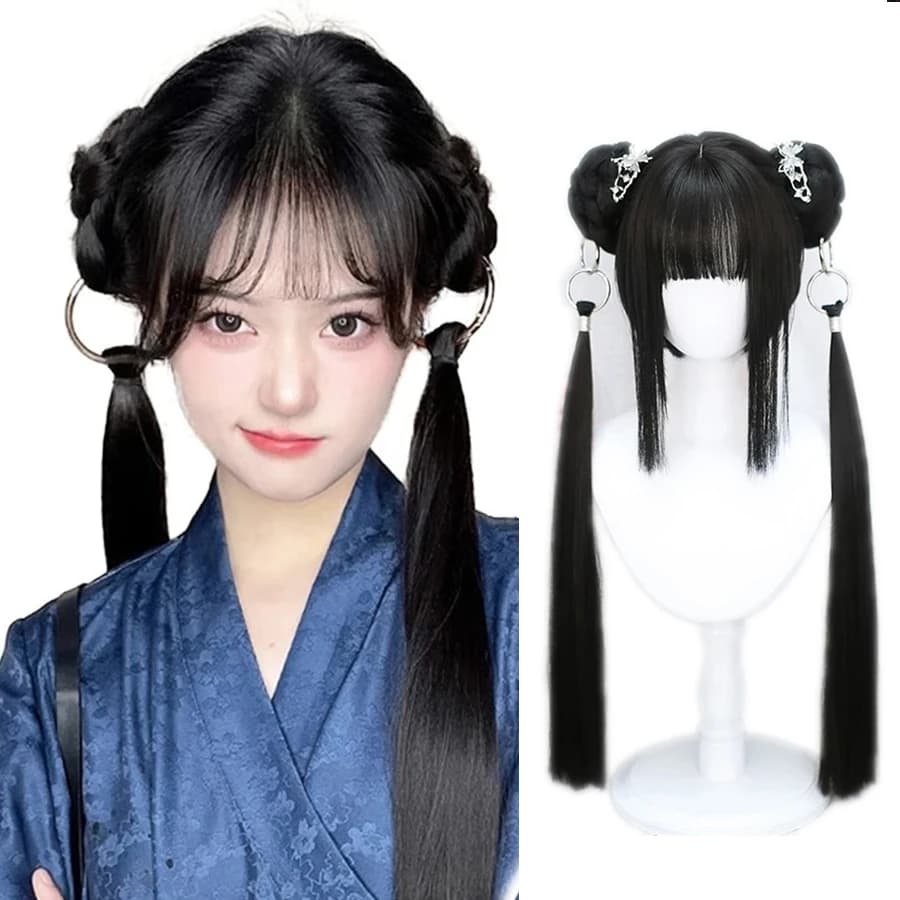 Synthetic Short Straight Lake Blue Wig Double Hair Loop Double Braid Ponytail Short Straight Head Cover Wig for Women