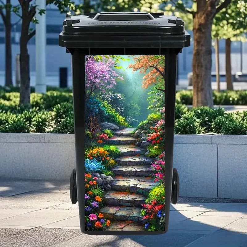 1 adesivo per bidone della spazzatura Garden Path Art, dimensioni 32,28 × 14,57 pollici, adesivo autoadesivo in PVC, adesivo creativo per la decorazione della casa