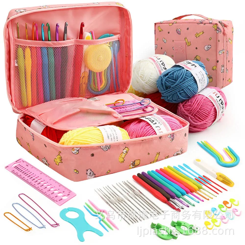 Kit all'uncinetto con Set di accessori per maglieria per principianti, ganci per filati, aghi, borsa portaoggetti, regalo, 59 pezzi
