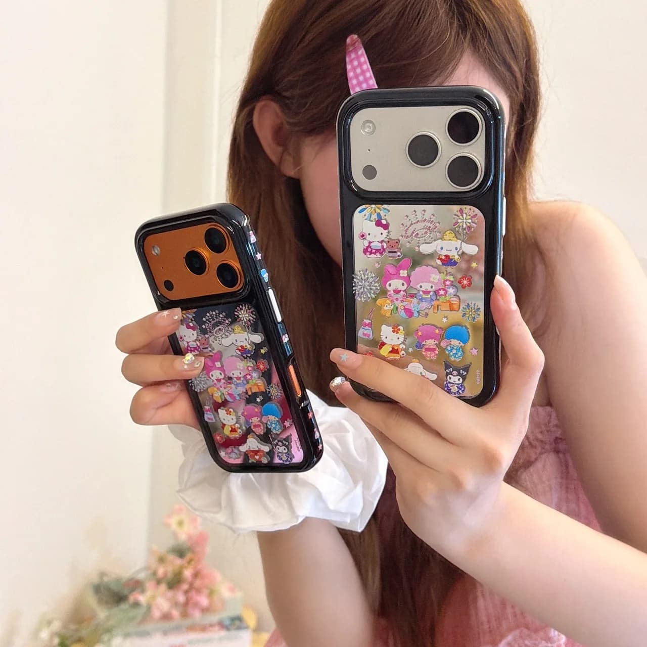 Sanrio Summer Mirror Shockproof Phone Case For iPhone 15/16/17 Pro Max Cute Kitty Kuromi Girl Makeup Protective Shell