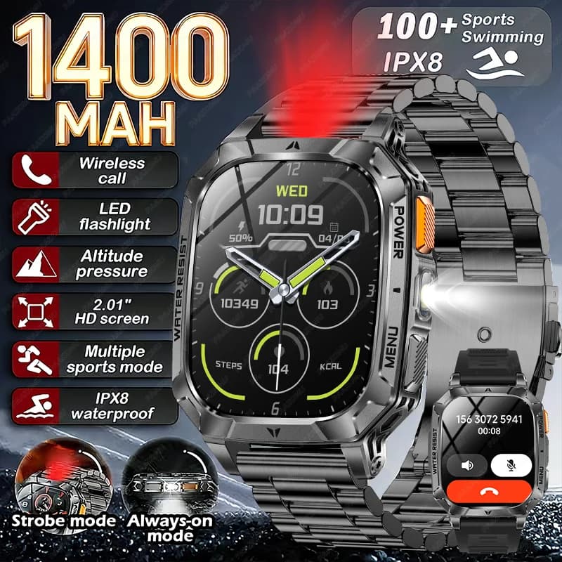 Nuovo orologio intelligente militare robusto da uomo, batteria da 1400 mAh, chiamata Bluetooth da 2,01 pollici, dispositivo di monitoraggio della salute, torcia a LED, orologio intelligente