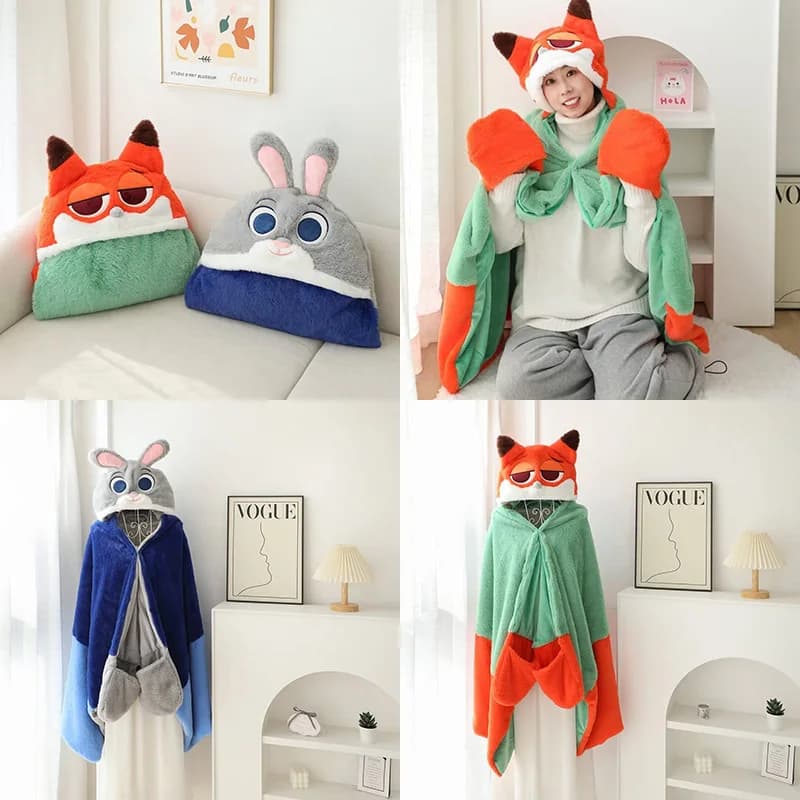 Nuova Coperta con Cappuccio Disney Zootopia Nick e Judy, Cuscino per il Collo, Portatile per Viaggi e Campeggio, Regalo Invernale