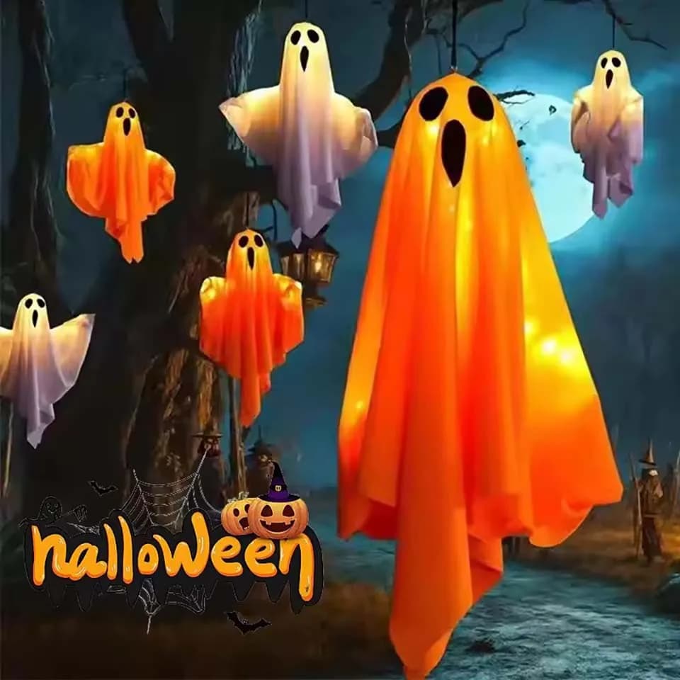 Halloween Glowing White Ghost LED Hanging Ghosts Horror Props with Fairy Light Indoor Outdoor Haunted House Halloween Decoration