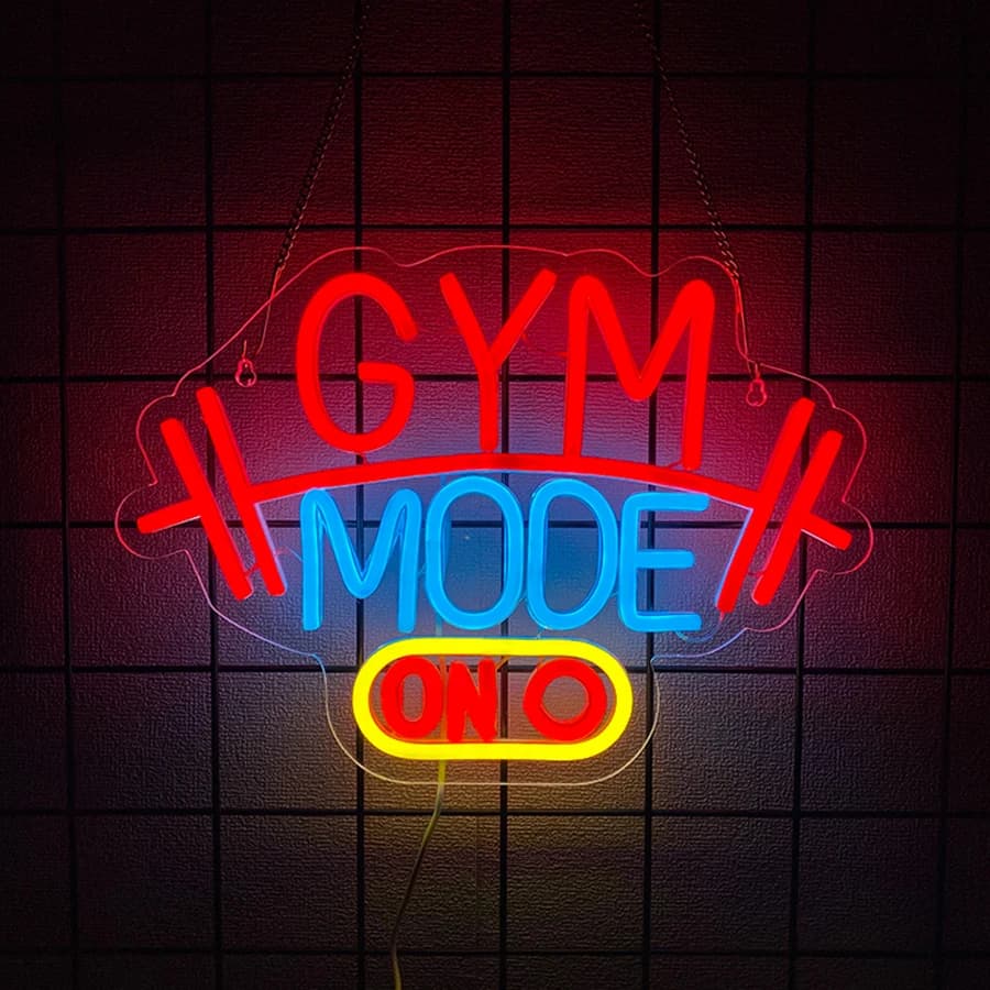Gym Mode On Neon Sign, USB Powered Dumbbell LED Neon Light, Motivational Hanging Neon Sign for Gym, Fitness Club Wall Decoration
