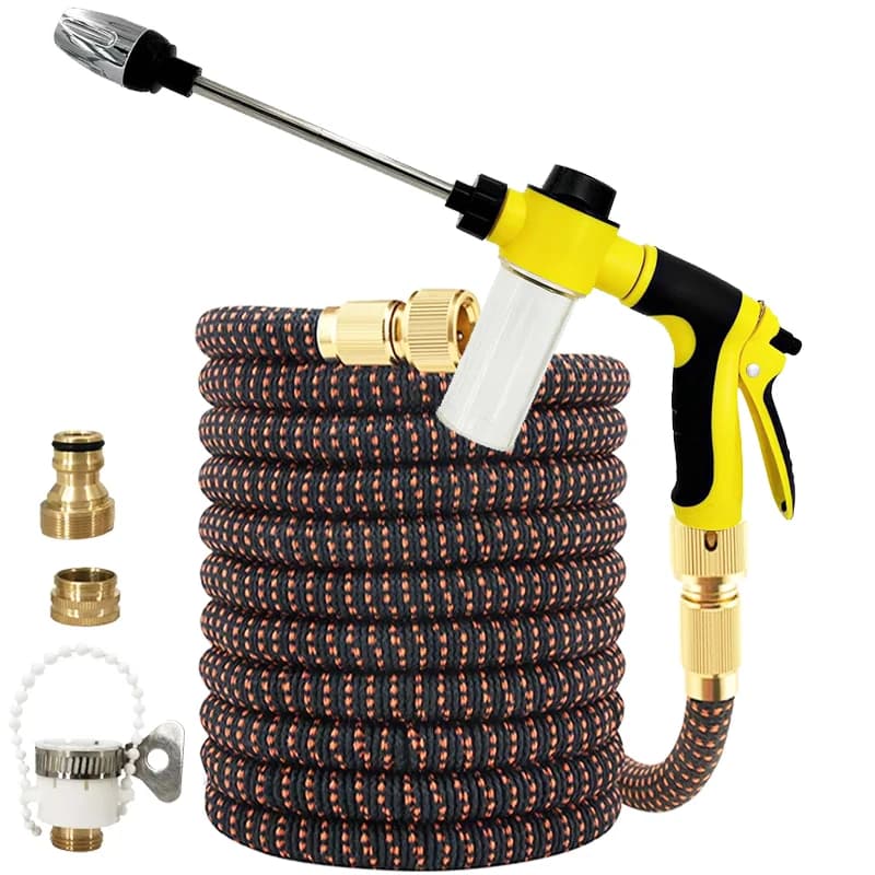 Flexible and expandable garden hoses, water guns with high pressure nozzle and long rod, car wash hoses, garden articles