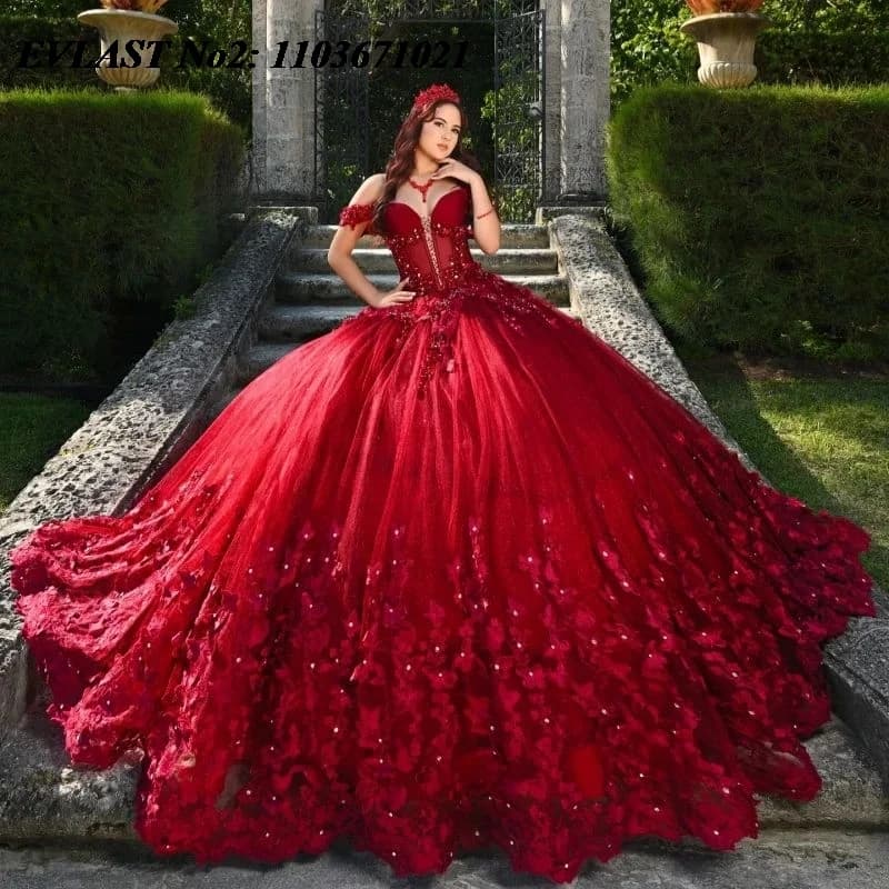 EVLAST Personalizzato Glitter Borgogna Abito Quinceanera 3D Applique Floreale Che Borda Corsetto Del Partito Dolce 16 Abiti 15 Anos E2QA102