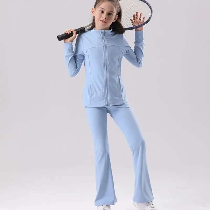 Set da yoga per protezione UV per bambini Completo da allenamento a maniche lunghe in stile europeo e americano Abbigliamento sportivo traspirante in tinta unita per ragazze