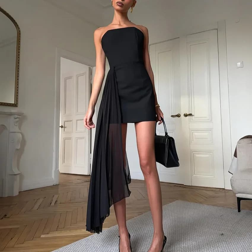 Women's Fashionable Simple Tube Top Skirt with Ribbons Slim Fit Black Elegant Dress