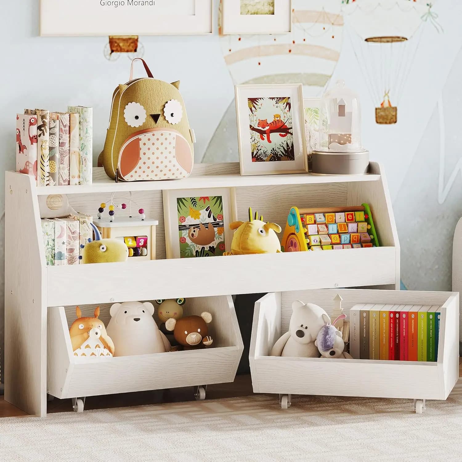 Mobiletto Porta Giocattoli con Cassetti, Scaffale per Giocattoli con Ruote per Bambini e Bambine, Organizzatore Giocattoli Libreria per Bambini con Contenitori per la Cameretta