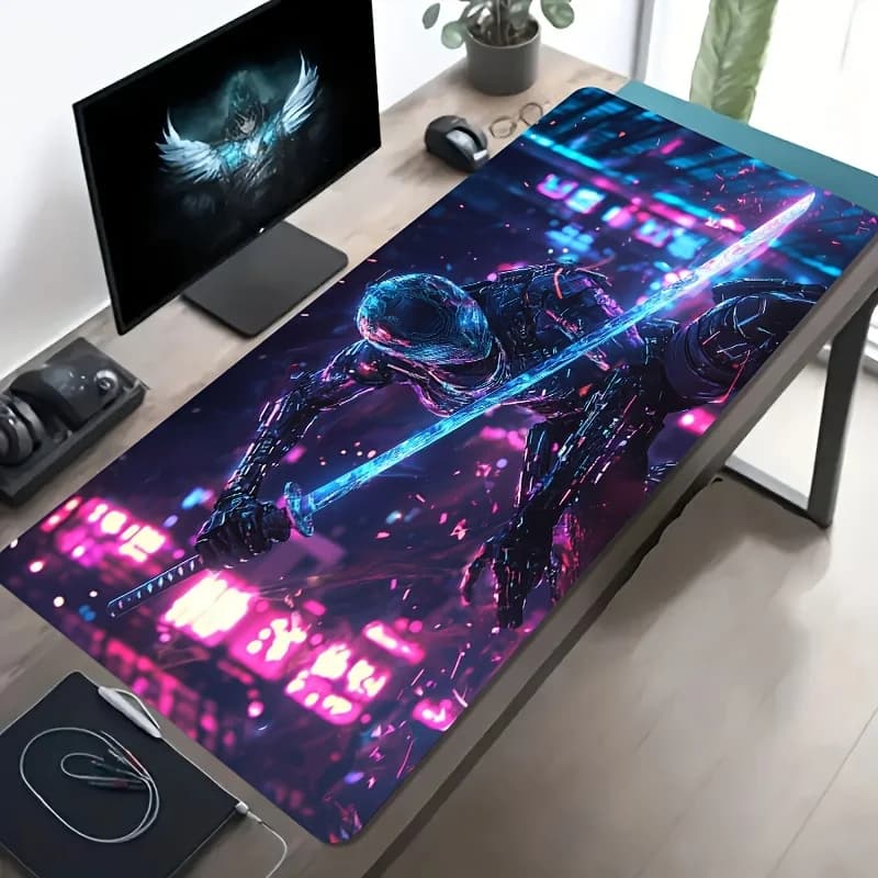 Gaming Mouse Pad, Large Desk Mat, Anti-slip, Stitched Edges, Cyberpunk Ninja Print, Keyboard Pad for Gaming & Home Use