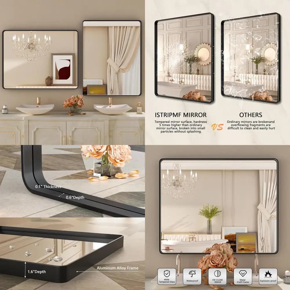 Specchio da Bagno in Vetro Temperato Nero Opaco Arrotondato 32x36 Pollici, Resistente alla Ruggine, Appendibile Orizzontalmente o Verticalmente