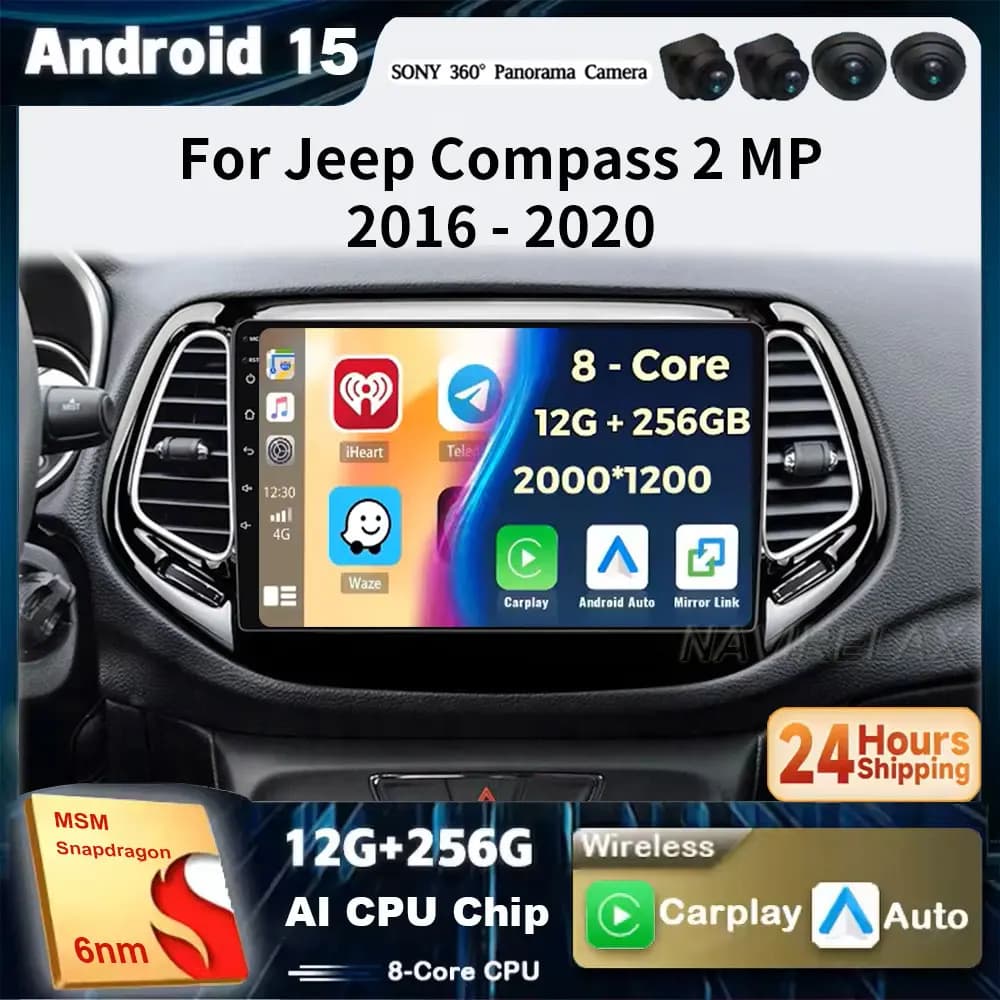Android 15 Per Jeep Compass 2 MP 2016 2017 2018-2020 Multimediale di Navigazione GPS Auto Radio Lettore Auto Stereo Carplay Radio schermo