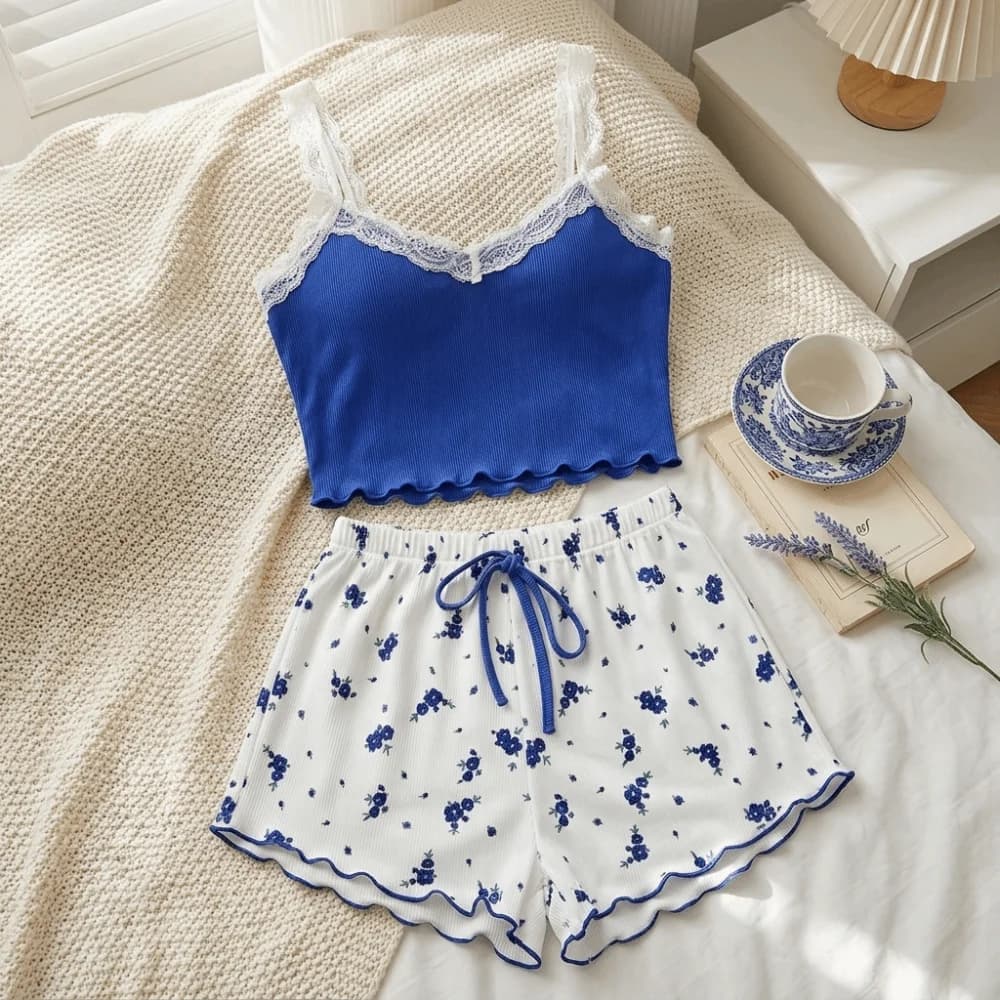 2 PCS Comfortable V-Neck 2Pieces Pajama Set Lace Patchwork Summer Camisole Shorts Flower Sweet Floral Nightwear Suit Women