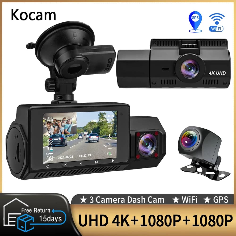 Dash Cam 3-channel front inside three-way rear for car Dash Camera 4K + 1080P double channel with WiFi GPS IR Night Vision DVR Black box