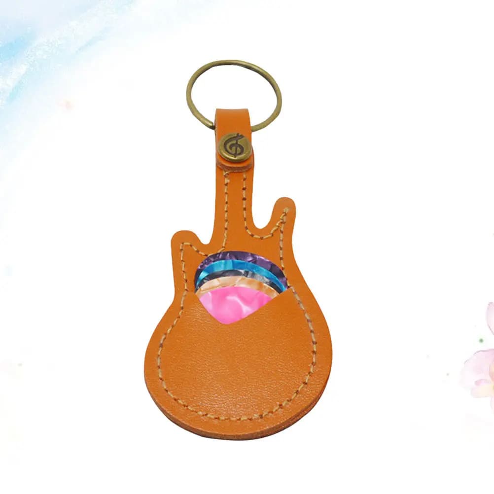 1Set Guitar Plectrum Holder Keychain Mini Guitar Shape Pick Case Bag Khaki Portable Pick Keychain Holder Protector