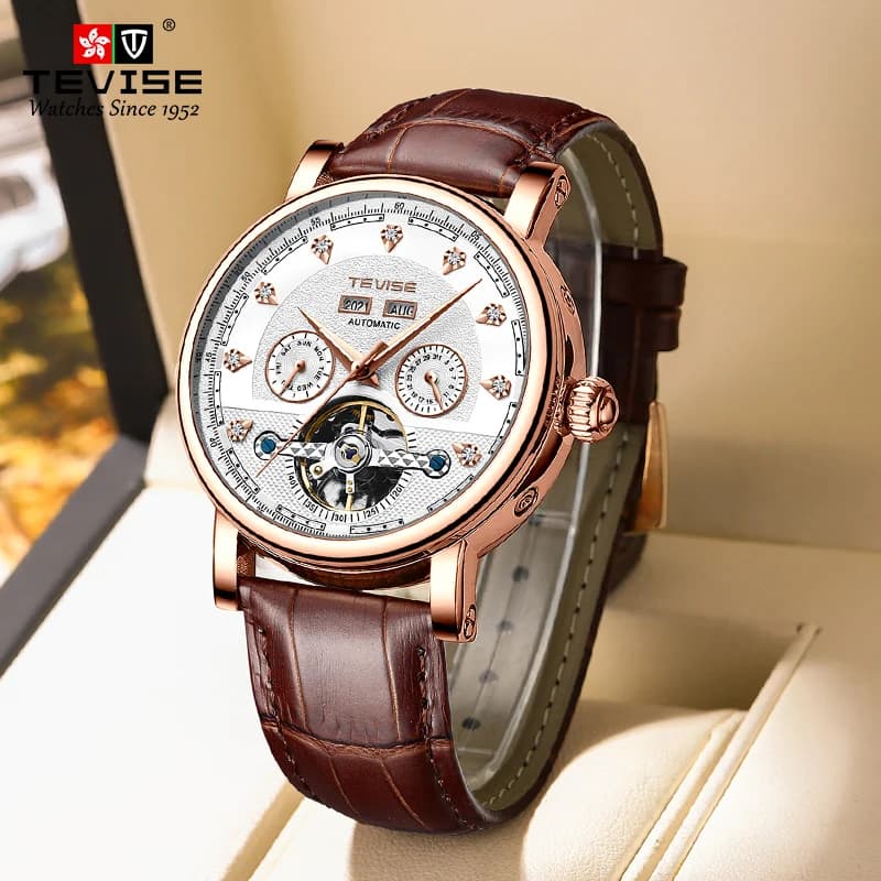 TEVISE Watch for Man Automatic Mechanical Movement Casual Leather Wristwatch Luminous Waterproof Business Gift