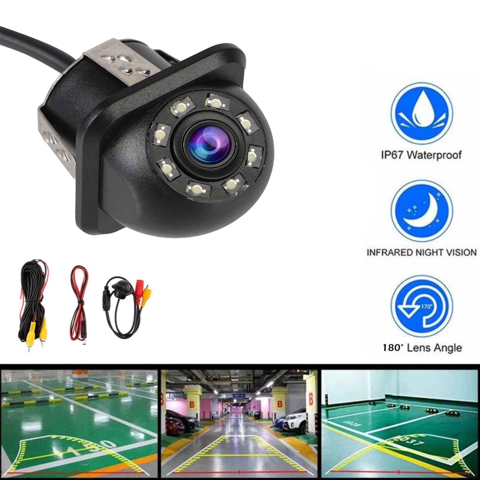 Telecamera di Retromarcia per Auto con 8 LED, Assistenza al Parcheggio, Visione Notturna a Infrarossi, Angolo Ampio 170° ° Telecamera Posteriore per Auto con Monitoraggio del Parcheggio