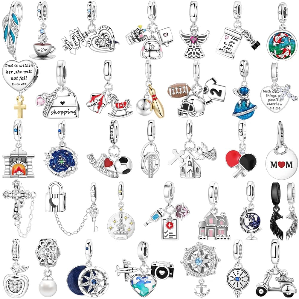 Shopping Bag Rocking Horse Sport Ball Cross Silver Plated Beads Original Charm Fit Bracelets Bag Keychain Charms Diy Women Gift