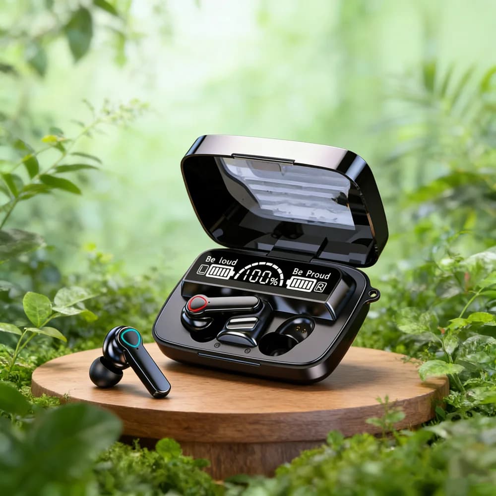 TWS wireless earphones: waterproof sports design, Bluetooth connection, 9D stereo audio + charging case and microphone