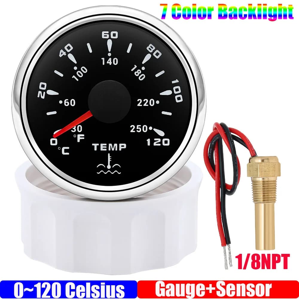 0~120℃ Water Temperature Gauge+Sensor 7 Color Backlight Waterproof 2" 52MM Water Temp Meter for Marine Car Boat RV Camper 9-32V