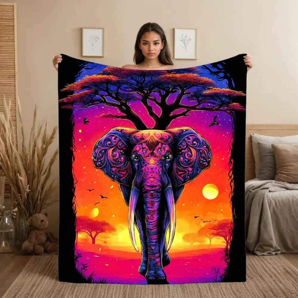 Elephants and the Sunset Pattern Flannel printed blanket suitable for all seasons suitable for living room office sofa travel