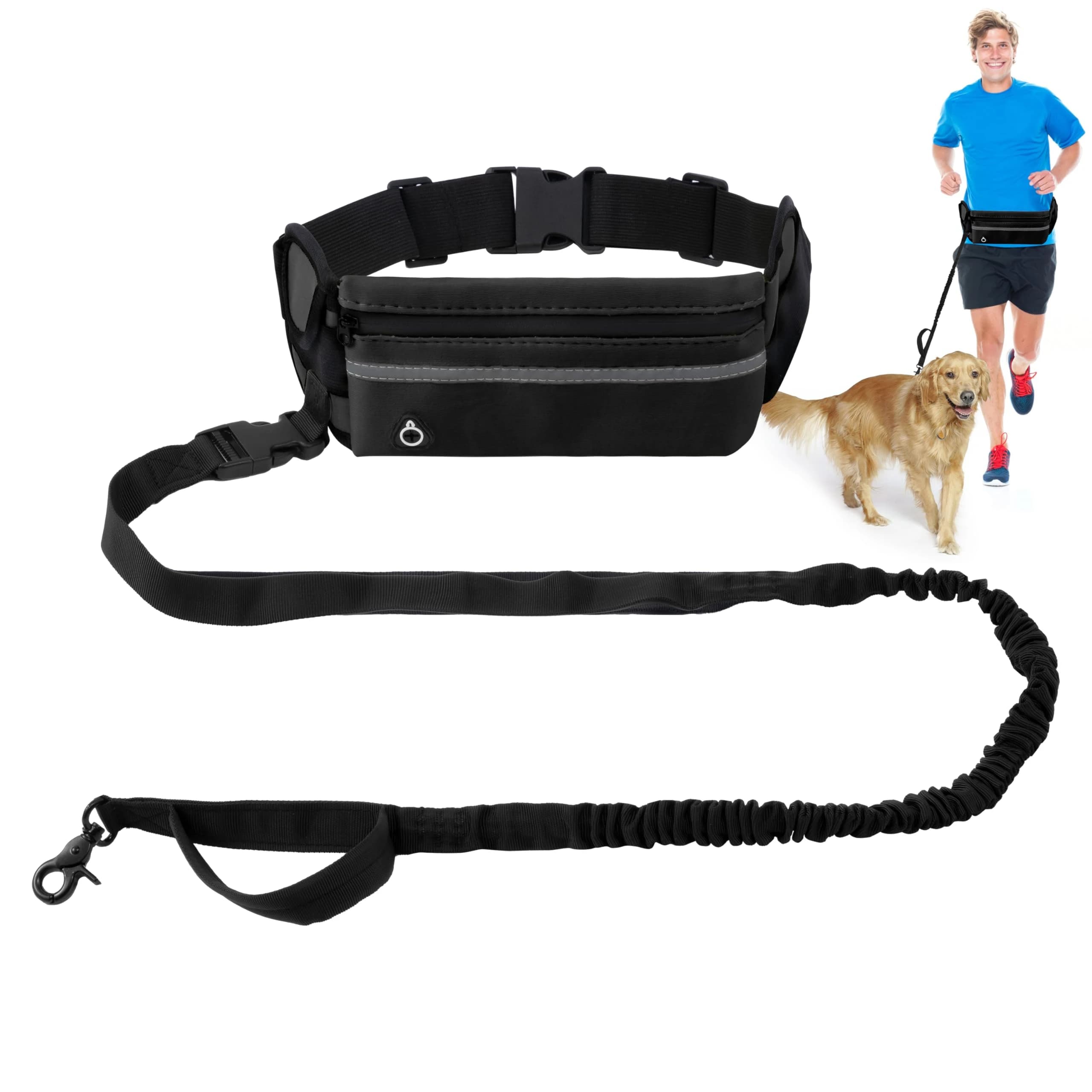 Hand-free dog steering with zipper case, adjustable reflective belt, suitable for walks and running