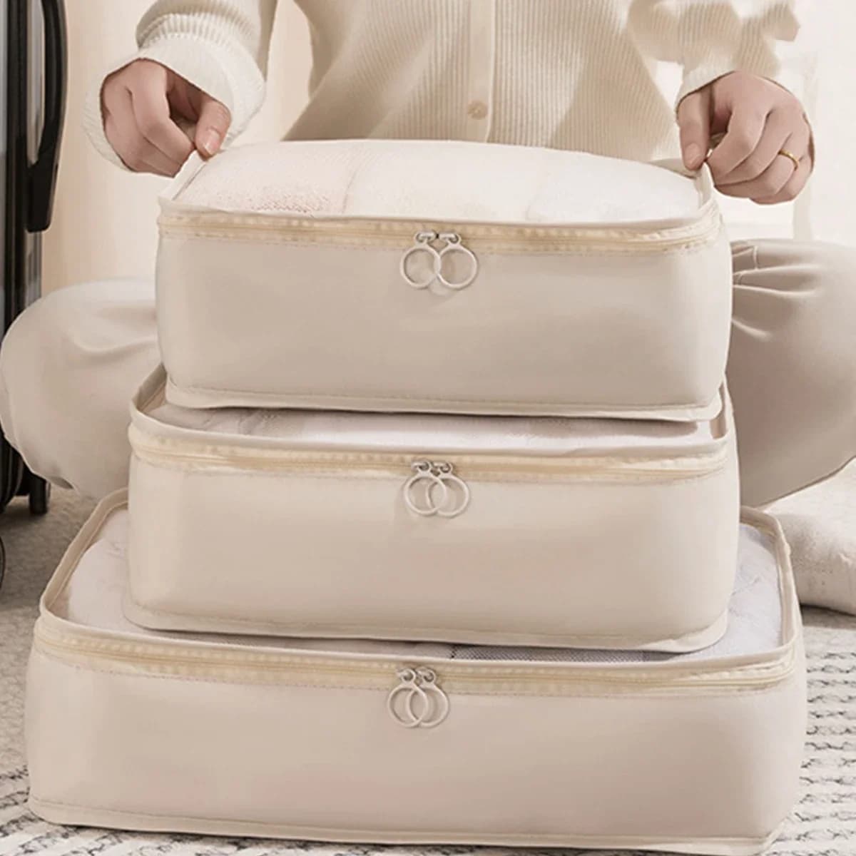 3PCS Compressible Packing Cubes Foldable Waterproof Travel Storage Bag Suitcase Nylon Portable With Handbag Luggage Organizer