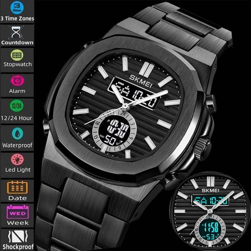 Skmei Digital Analog Display Men's Bracelet Three Time Zones LED Chronograph Sports Quartz Waterproof Male Alarm Clock