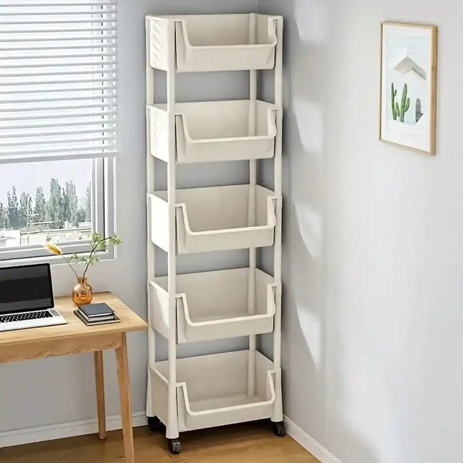 5-Tier White Rolling Storage Cart With Wheels, Heavy Duty Plastic Organizer, Easy Assembly Utility Shelves For Kitchen, Bathroom, Bedroom, Office, Living Room