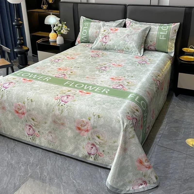 Set di tappetini rinfrescanti stampati floreali in stile nordico Set di lenzuola estive in seta di ghiaccio delicato sulla pelle con materasso da letto traspirante con federa