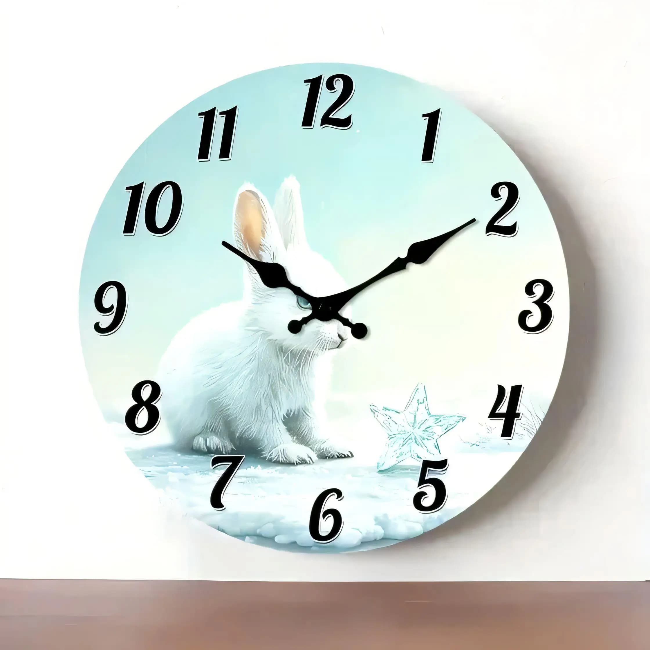 Whimsical Fantasy White Rabbit Wall Clock Silent Non Ticking Battery Operated Decorative for Home Bedroom Living Room