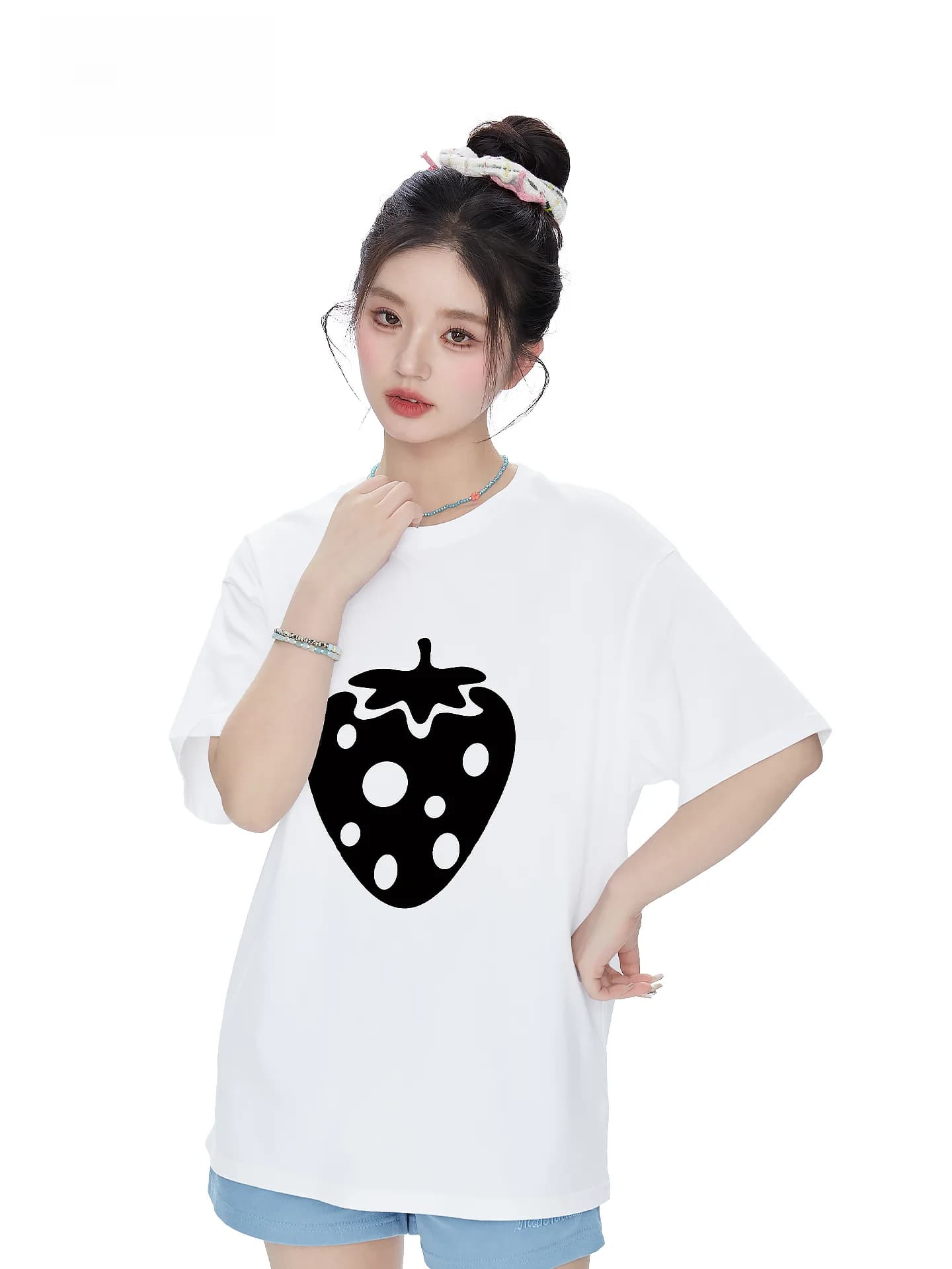 Itono Korean Style Simple Student Strawberry Print Short Sleeve T-Shirt Pure Cotton Loose Fit round Neck Slimming Top