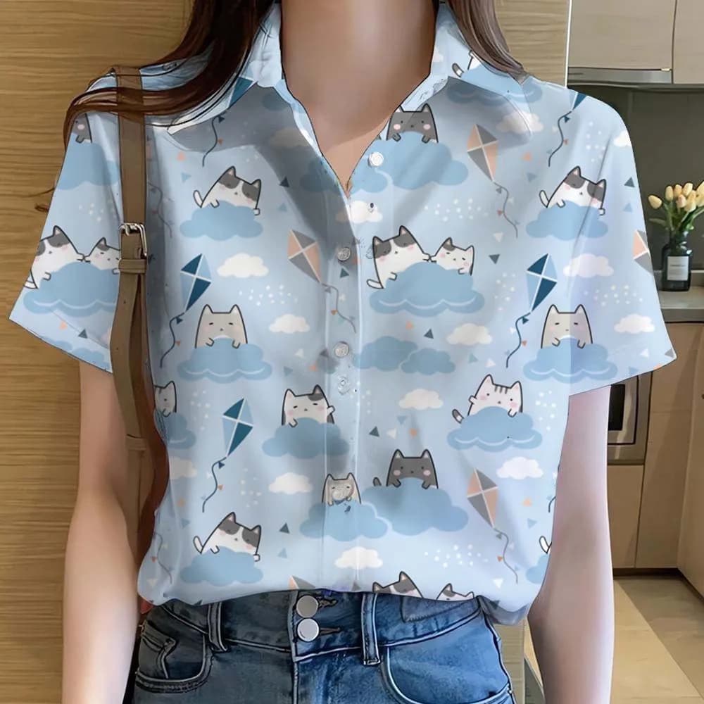 Womens Shirts Cute Animal Cat dinosaur 3D Printed Casual Hawaiian Short Sleeve Button Beach Shirt Summer Blouse Women's Clothes