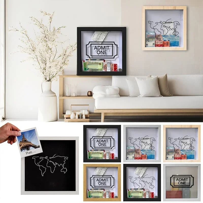 Travel Adventure Archive Box Ticket Bank Salvadanaio Salvadanaio Wooden Coins Save Children's Bases Card Souvenir Wall Frame