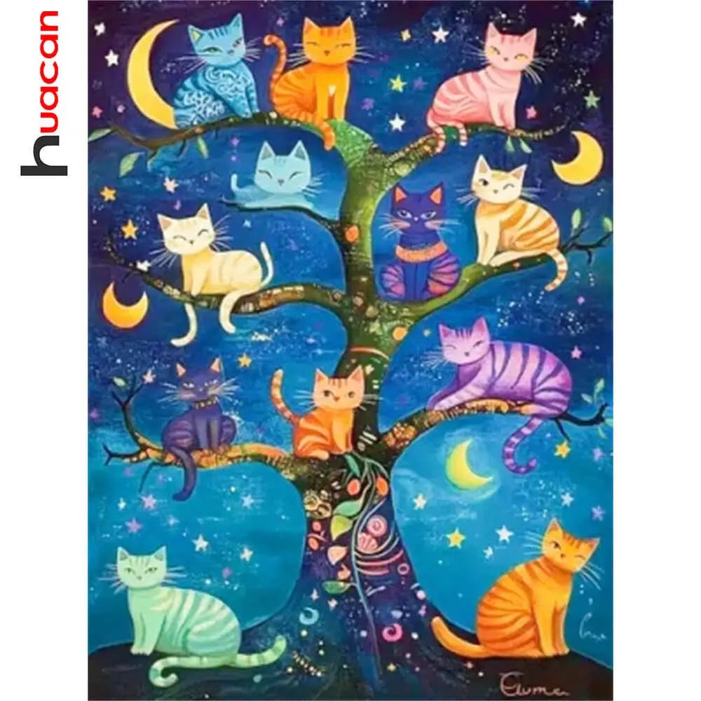 Huacan 5D Diamond Painting Kit Color Cat DIY Cartoon Diamond Embroidery Art Tree Landscape Home Decoration