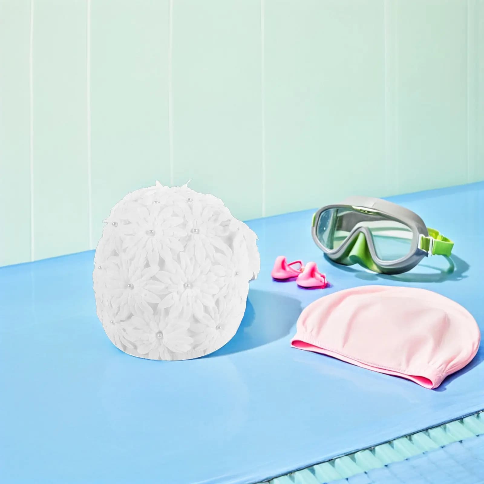 White Floral Vintage Swimming Headset with 3D Petal Design, Waterproof, Elasticized Fabric, for Women, Protects Ricci and Mirror Hair, for Swimming Pool and Beach