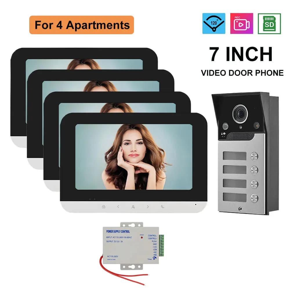 Sistema Videocitofonico per 2/3/4 Appartamenti/Famiglie con Schermo LCD a Colori da 7 Pollici, Telecamera HD Impermeabile, Videocitofono con Controllo Accessi e Sblocco