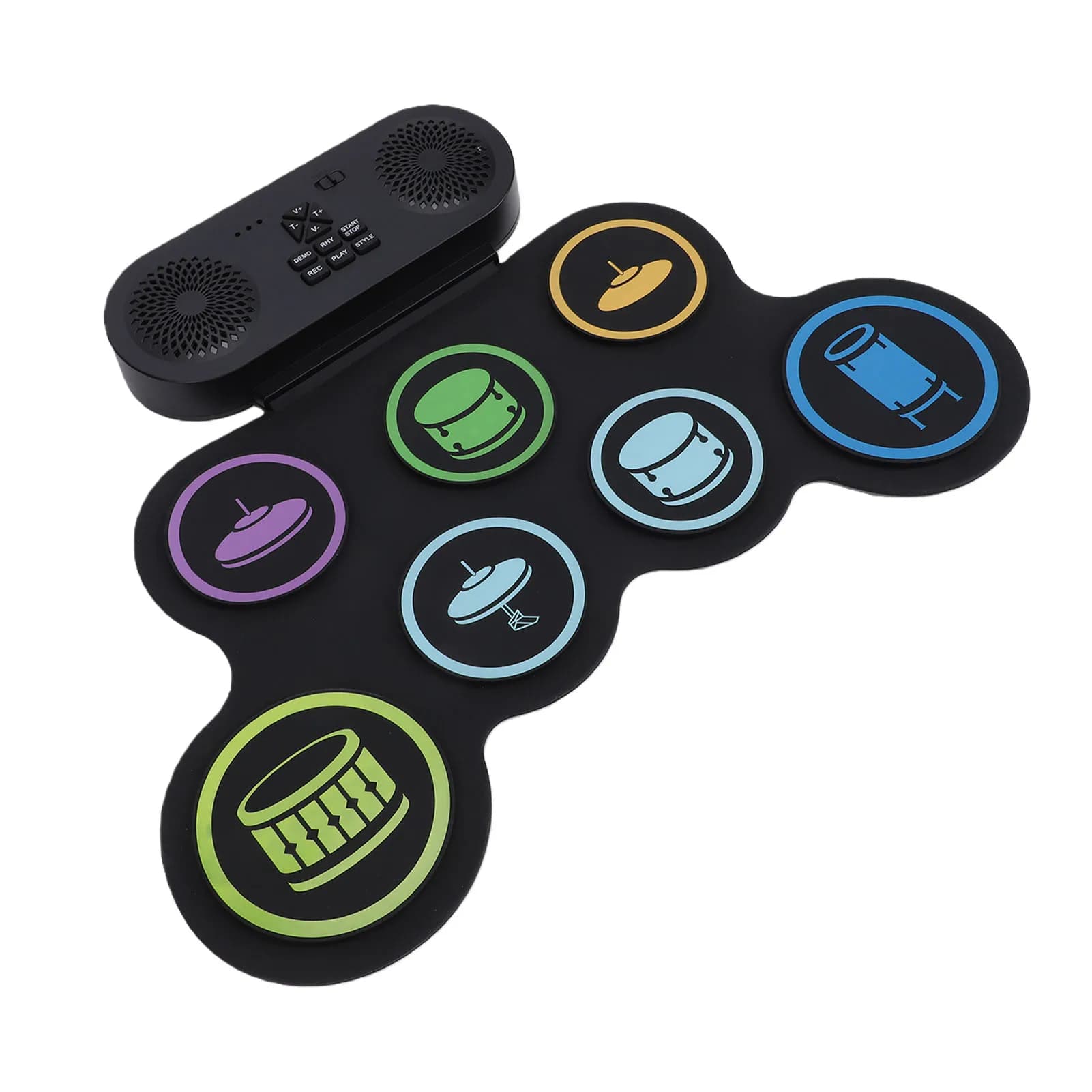 Set di Batteria Elettronica Ricaricabile Portatile in Silicone con 9 Pad per Pratica, Bacchette, Jack per Cuffie e Altoparlanti Integrati